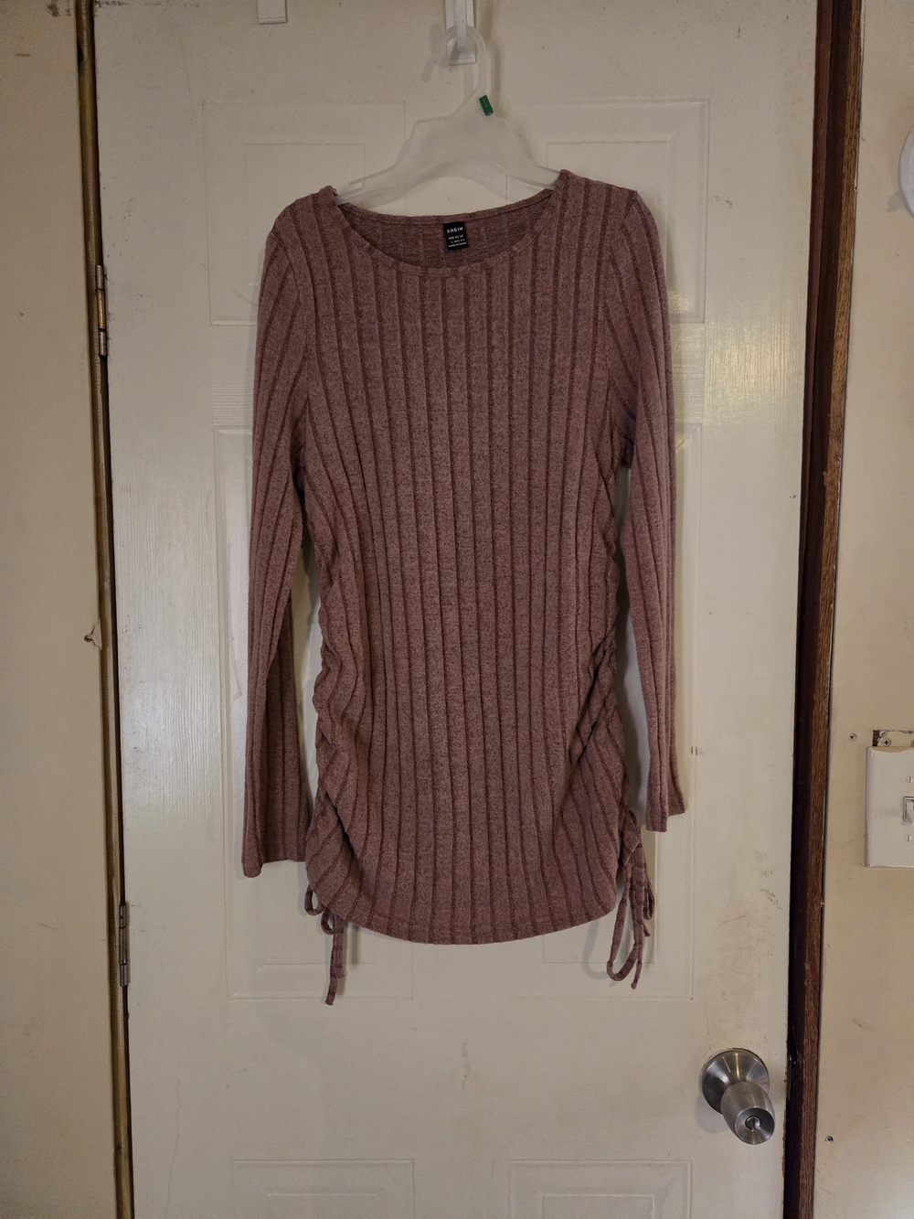 SHEIN Ribbed Long-Sleeve Side-Tie Tunic - Dusty Rose
